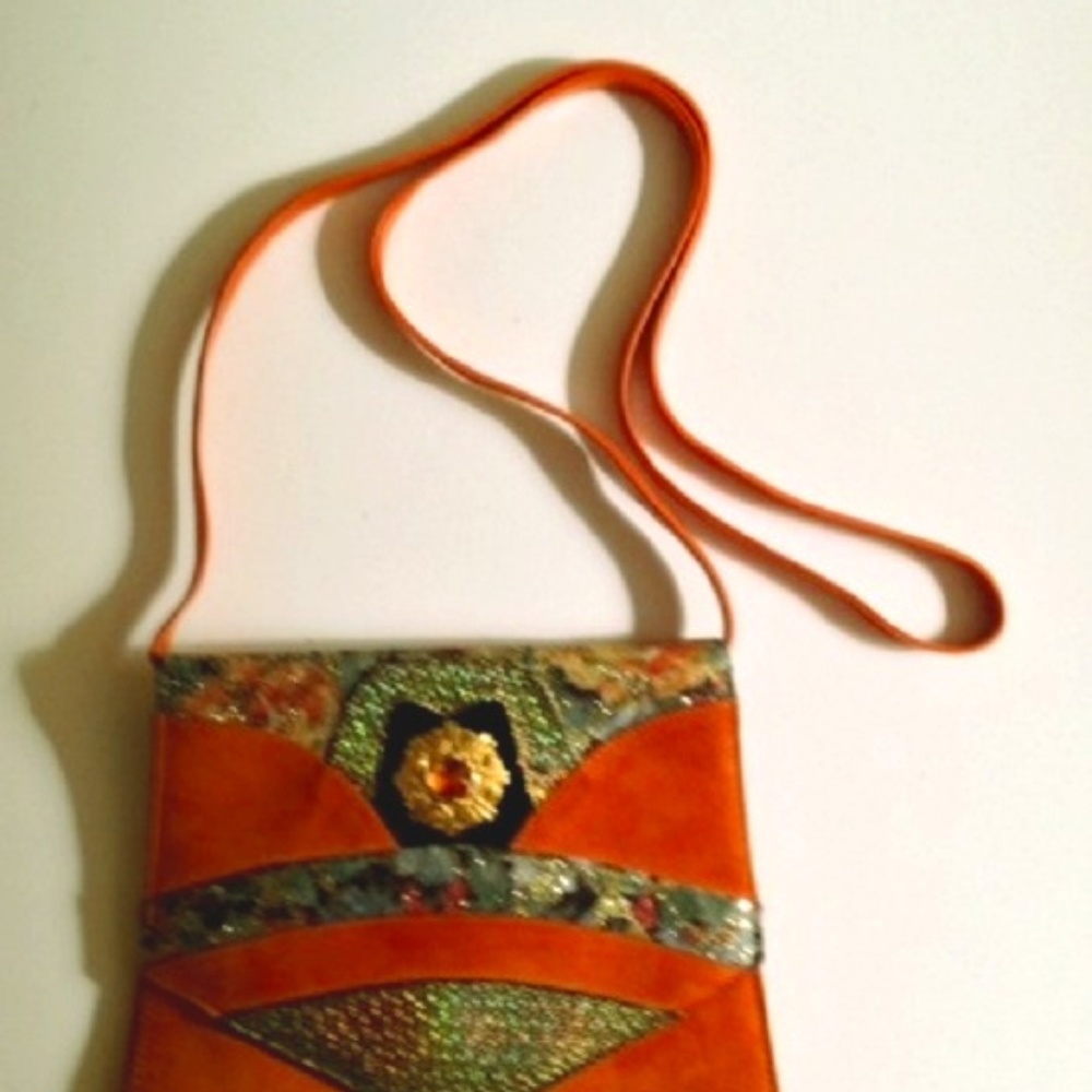 Orange Black Gold Suede Clutch Shoulder Bag Purse